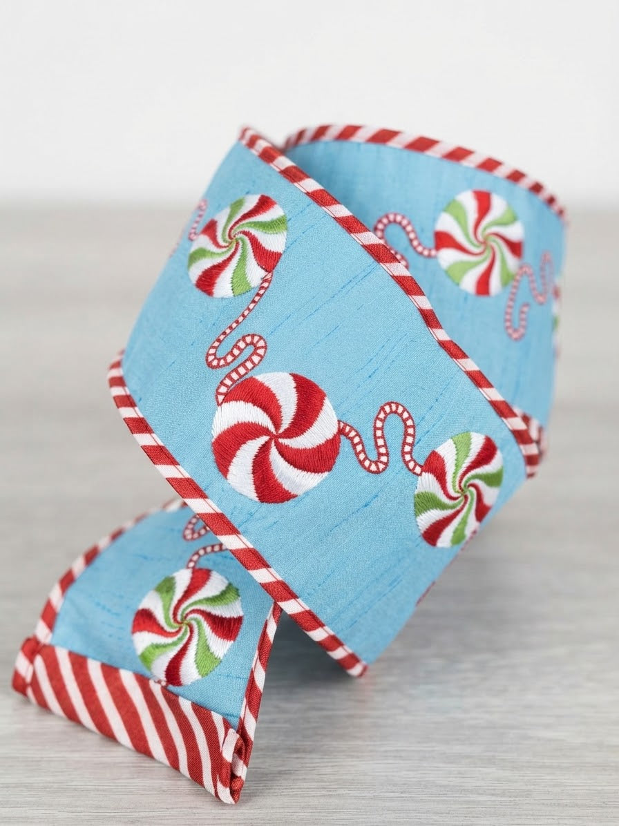 4" x 5Y Dupion Embroidered Peppermint Candy Ribbon (Blue)