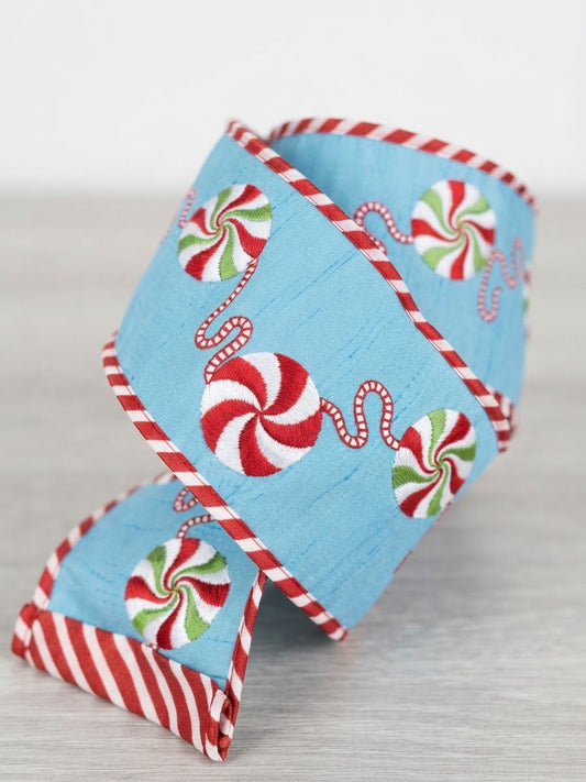 4" x 5Y Dupion Embroidered Peppermint Candy Ribbon (Blue)