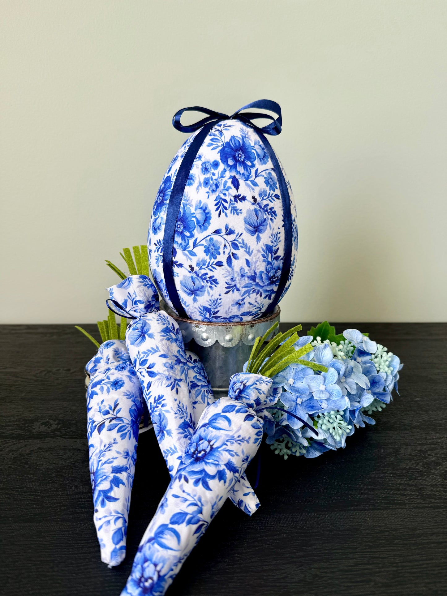 Blue & White Chinoiserie Toile Fabric Easter Decor | 7" Egg & 10" Carrot Bundle