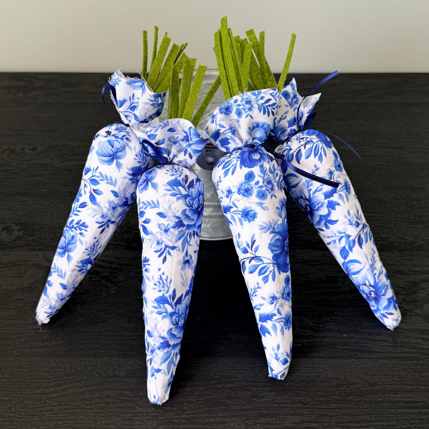 Blue & White Chinoiserie Toile Fabric Easter Decor | 7" Egg & 10" Carrot Bundle