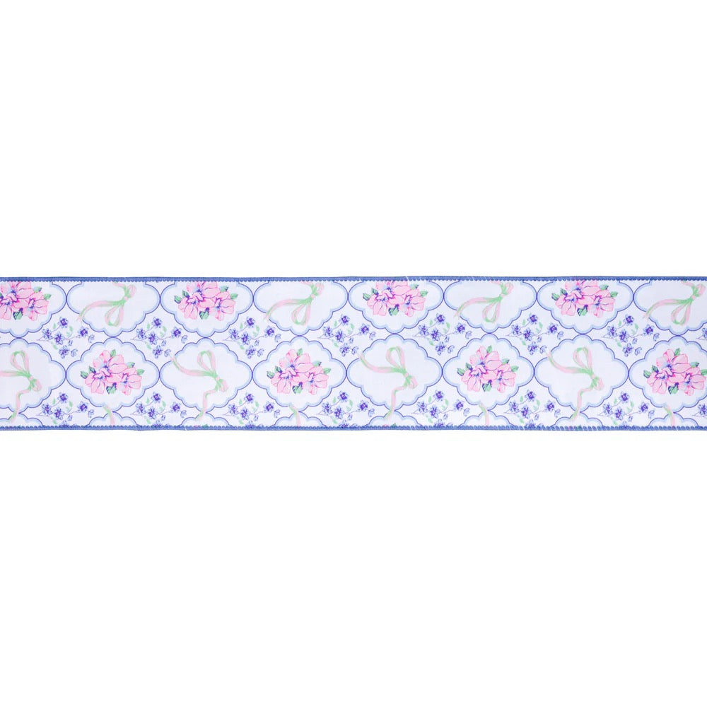 4" Wired Dupioni Ribbon | Bows and Floral Diamonds w/ Blue Backing | 10 Yard Roll