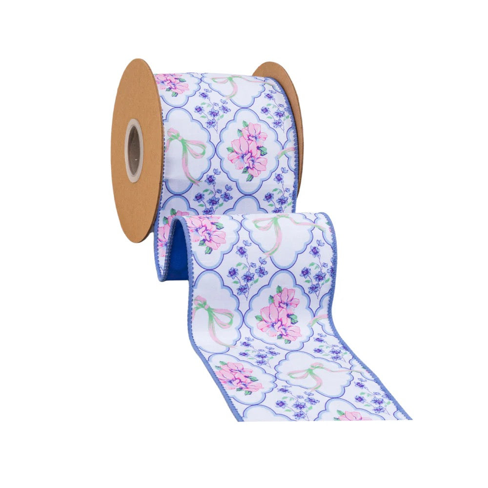 4" Wired Dupioni Ribbon | Bows and Floral Diamonds w/ Blue Backing | 10 Yard Roll