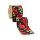 4" Wired Dupioni Ribbon | Poppies on Black w/ Green Backing | 10 Yard Roll