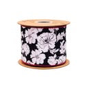 4" Wired Dupioni Ribbon | Black/White Floral w/ Pink Backing | 10 Yard Roll