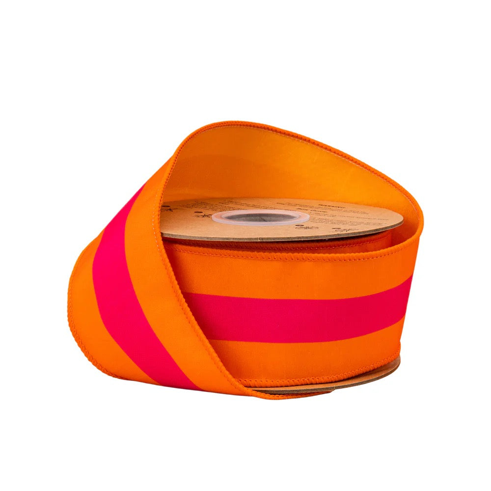 2 1/2" Wired Dupioni Ribbon | Pink on Orange Center Stripe w/ Orange Backing | 10 Yard Roll