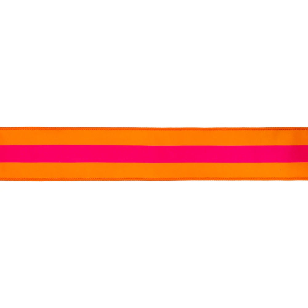 2 1/2" Wired Dupioni Ribbon | Pink on Orange Center Stripe w/ Orange Backing | 10 Yard Roll