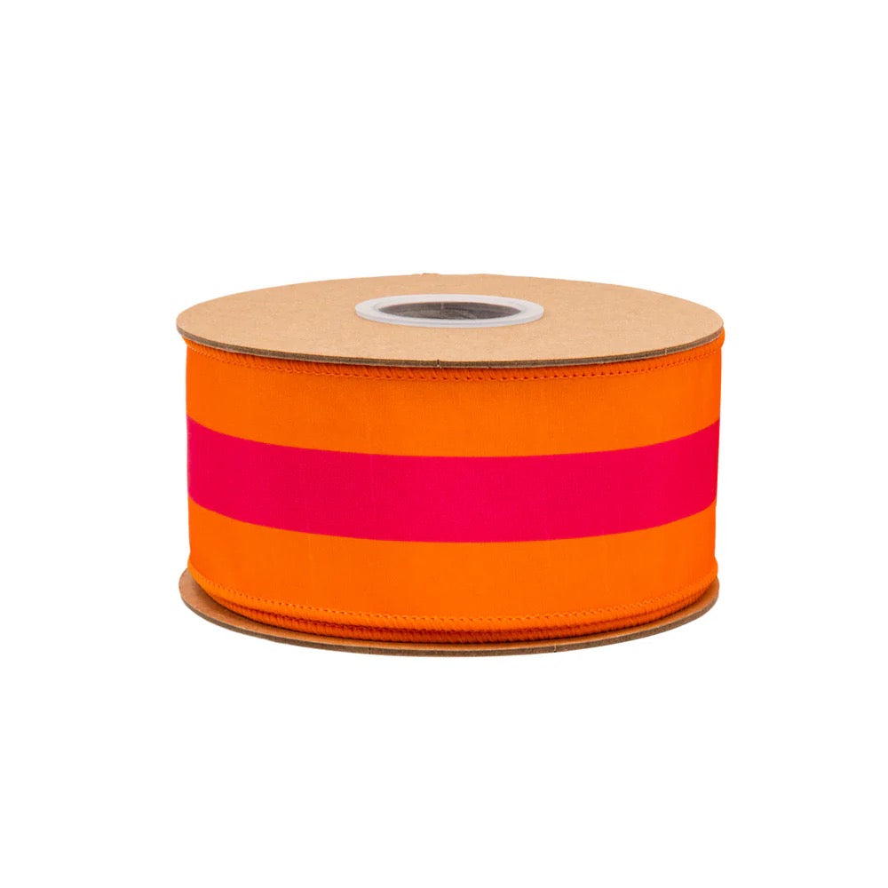 2 1/2" Wired Dupioni Ribbon | Pink on Orange Center Stripe w/ Orange Backing | 10 Yard Roll