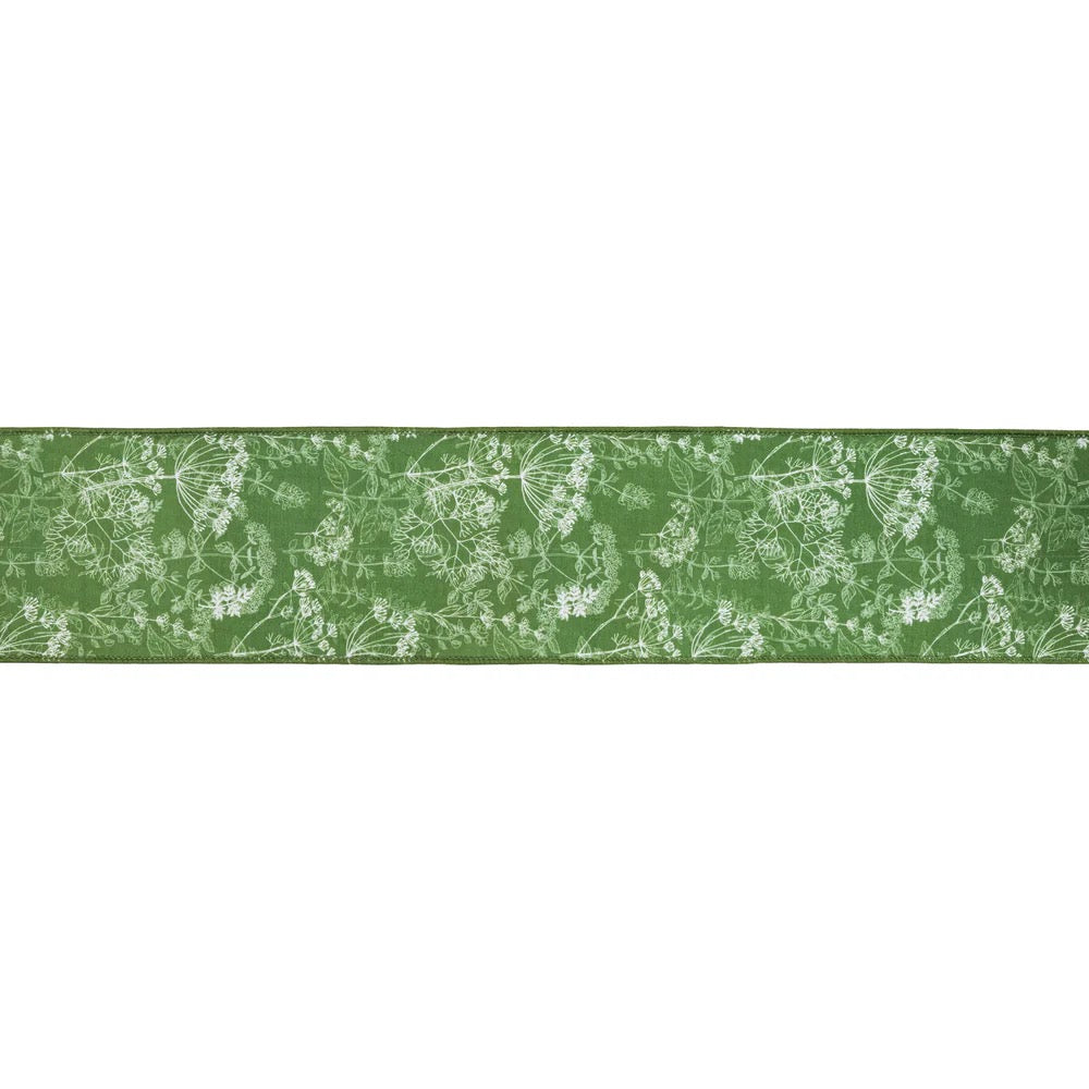 4" Wired Dupioni Ribbon | Herbs on Green w/ White Backing | 10 Yard Roll