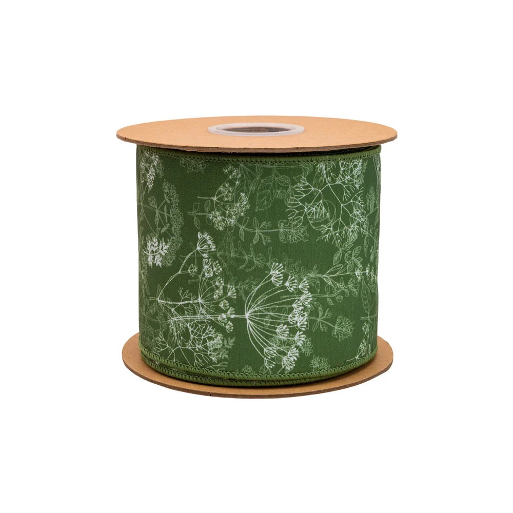 4" Wired Dupioni Ribbon | Herbs on Green w/ White Backing | 10 Yard Roll