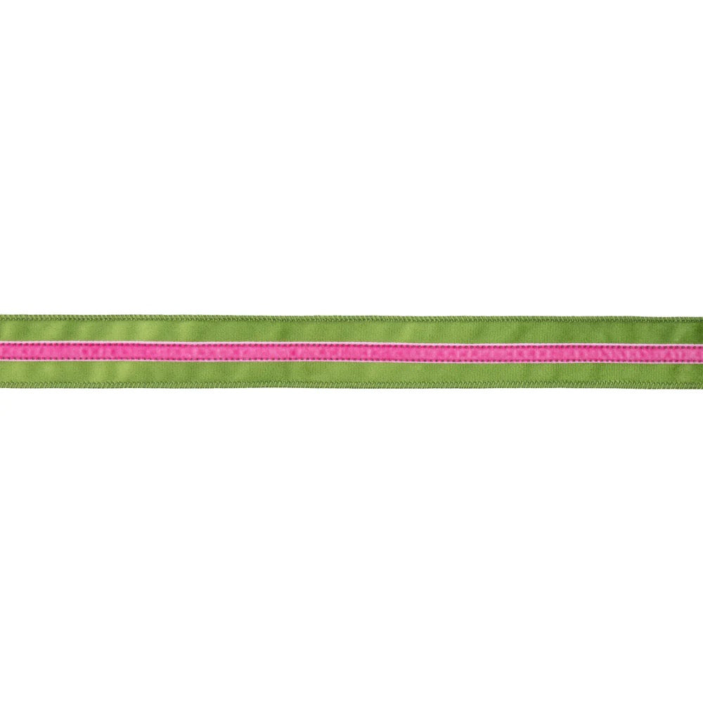 1 1/2" Wired Velvet Ribbon w/ Trim | Green w/ Pink Trim | 10 Yard Roll