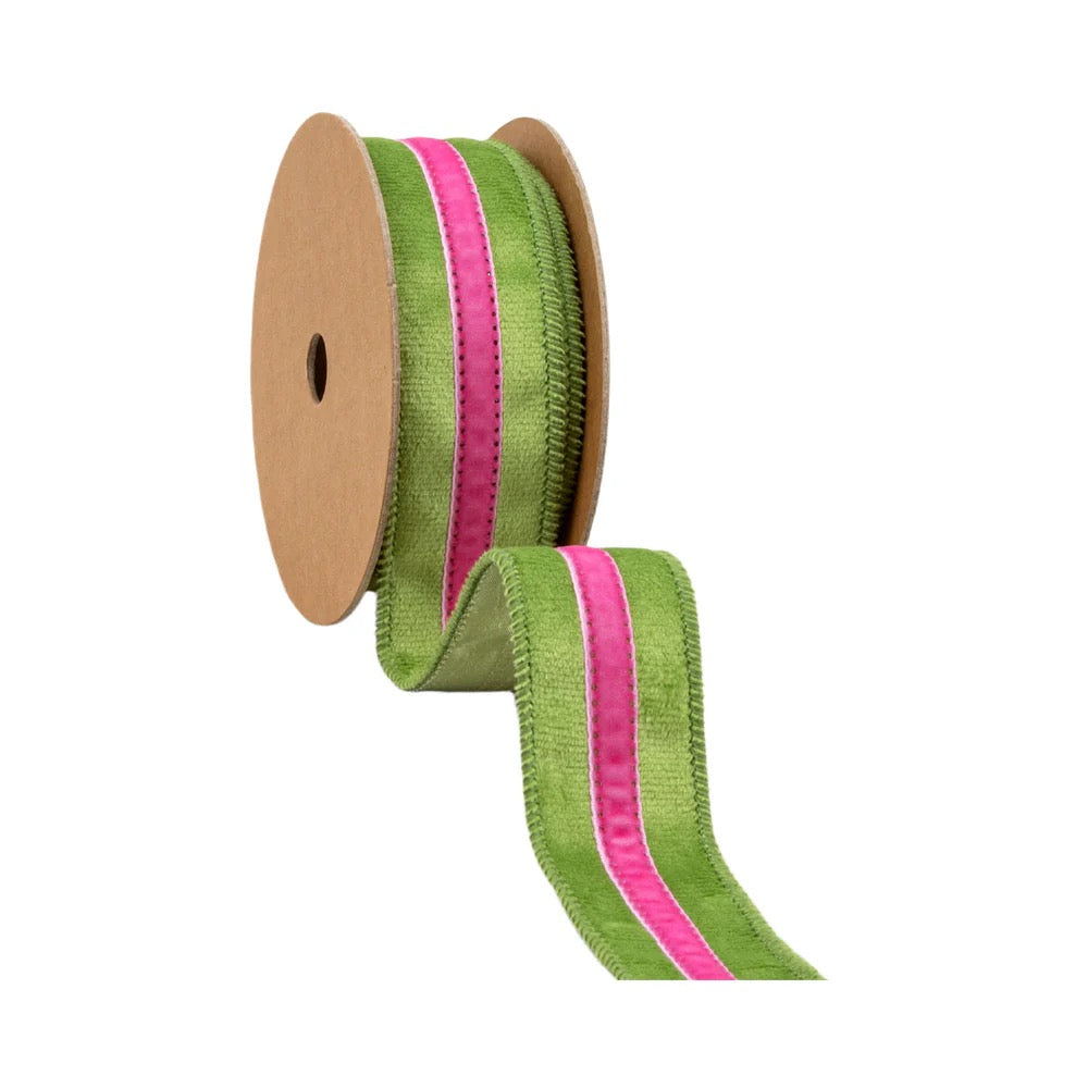 1 1/2" Wired Velvet Ribbon w/ Trim | Green w/ Pink Trim | 10 Yard Roll