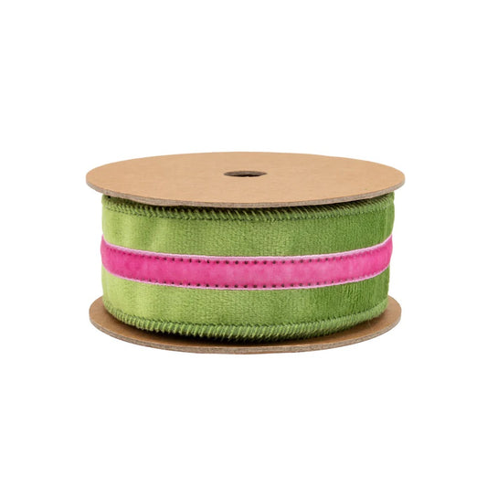 1 1/2" Wired Velvet Ribbon w/ Trim | Green w/ Pink Trim | 10 Yard Roll