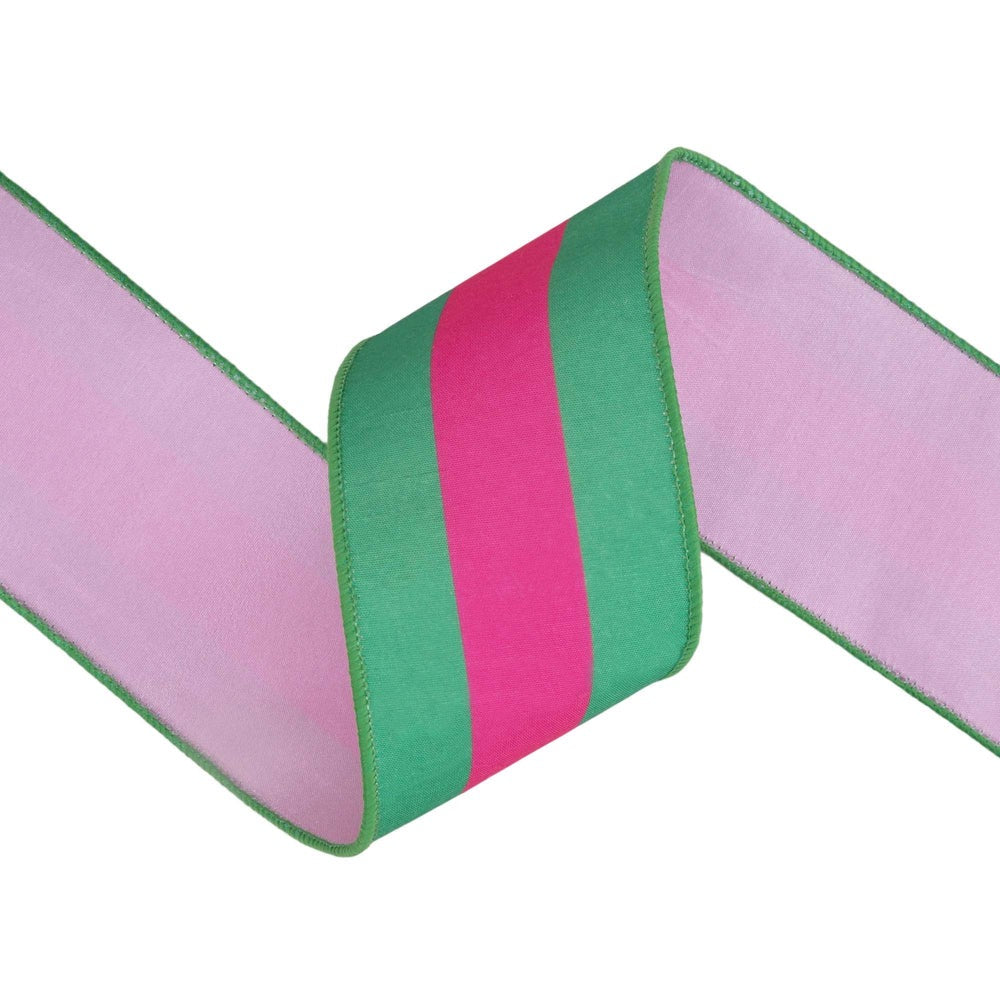 2 1/2" Wired Dupioni Ribbon | Hot Pink and Green Stripe with Pink Backing | 10 Yard Roll