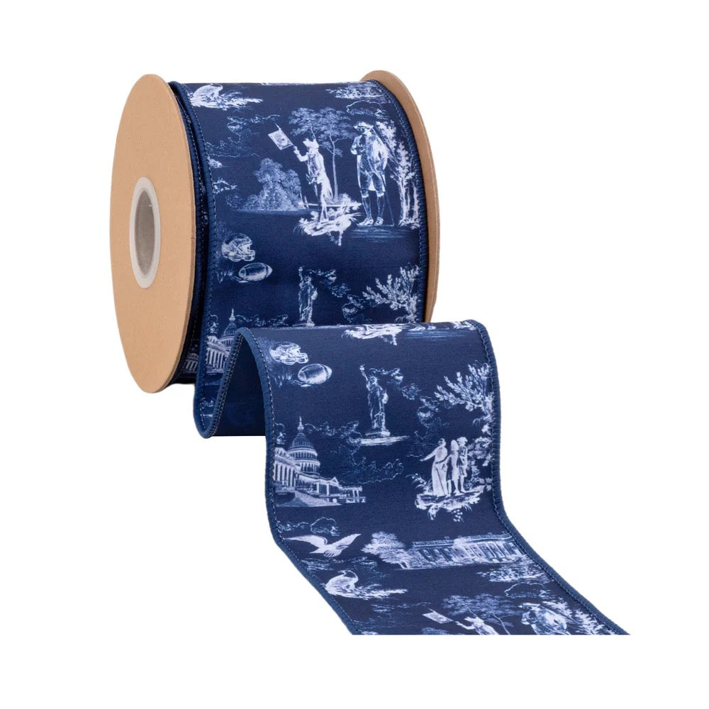 4" Wired Dupioni Ribbon | Patriotic Toile w/Blue Backing | 10 Yard Roll