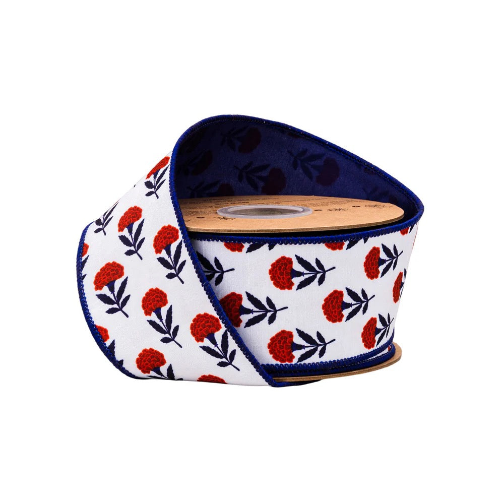 2 1/2" Wired Dupioni Ribbon | Red/White/Blue Floral w/ Blue Backing | 10 Yard Roll