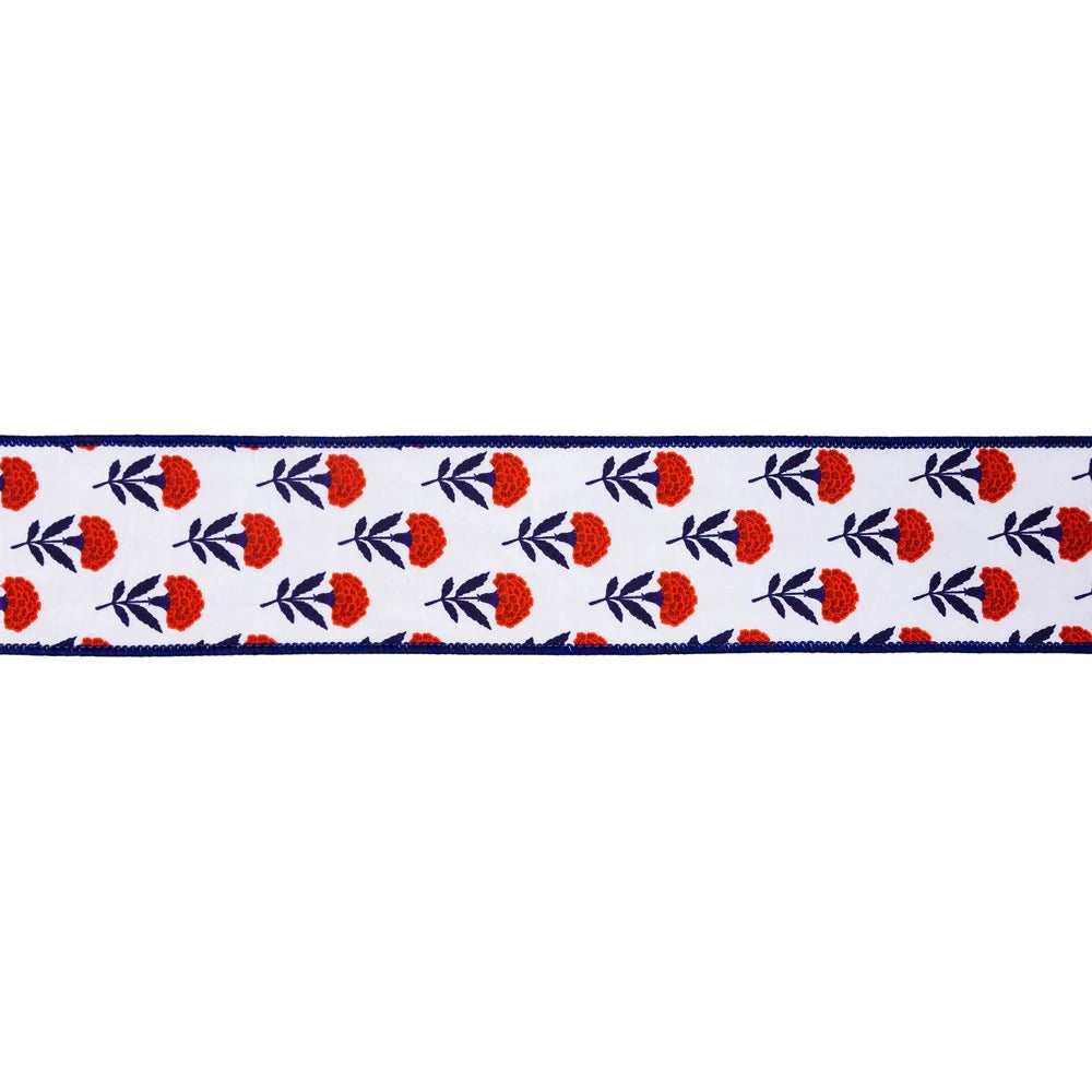 2 1/2" Wired Dupioni Ribbon | Red/White/Blue Floral w/ Blue Backing | 10 Yard Roll