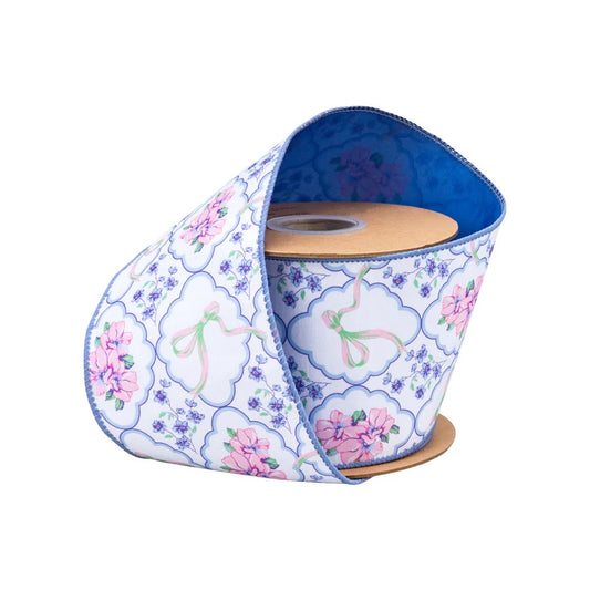 4" Wired Dupioni Ribbon | Bows and Floral Diamonds w/ Blue Backing | 10 Yard Roll
